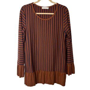 Weekend Suzanne Betro M Brown Blue Striped Ruffle Top Boho Artsy